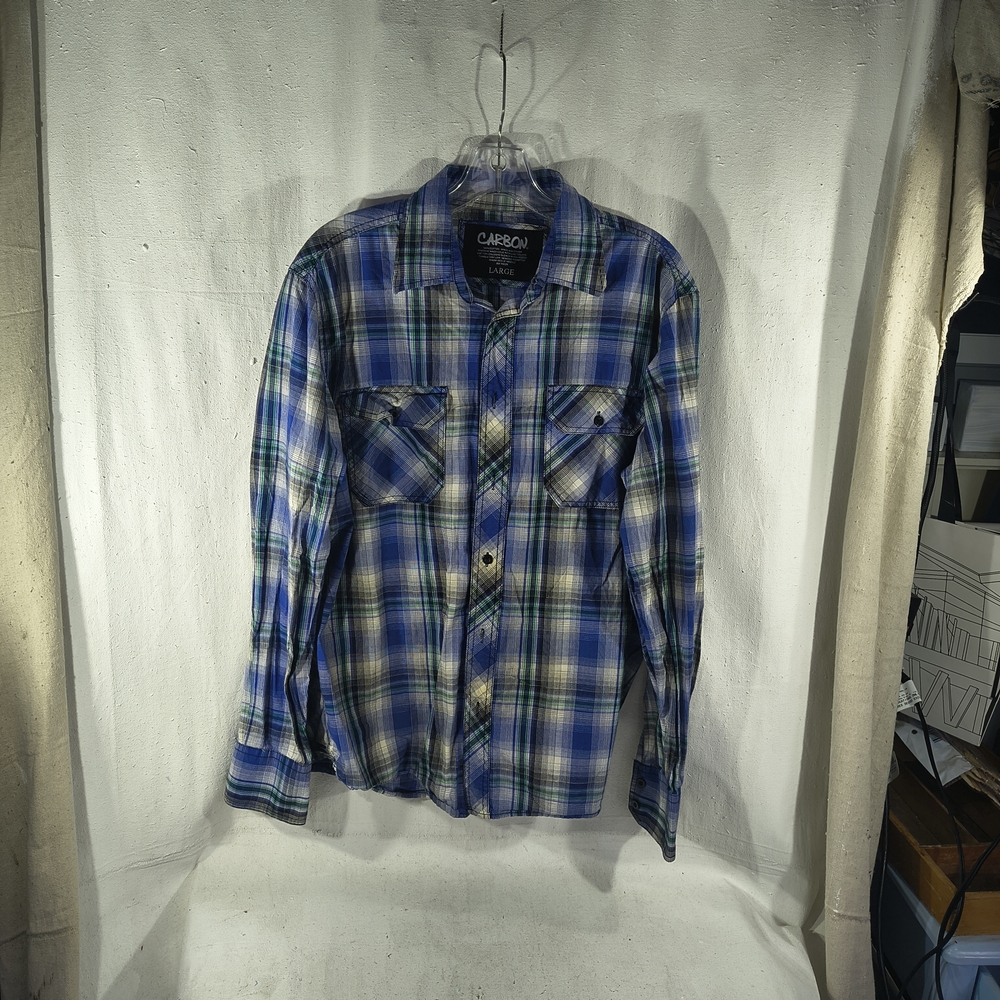 Carbon Men's Size Large Blue And Green Plaid Button-Up Shirt
